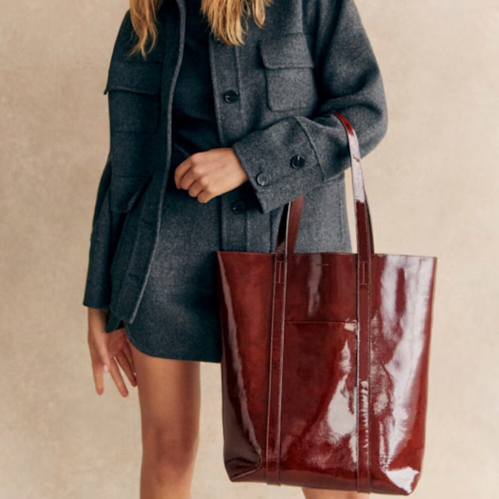 Sezane Patent Leather Tote Bag in Mahogany
